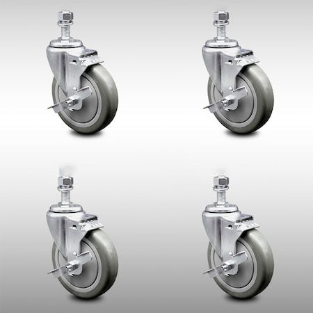 Service Caster 5 Inch SS Gray Polyurethane Wheel Swivel 1/2 Inch Threaded Stem Caster Set Brake SCC-SSTS20S514-PPUB-TLB-121315-4